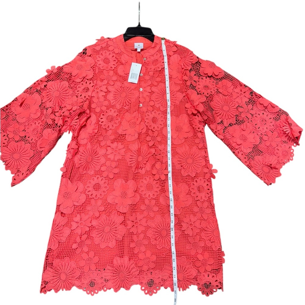 NWT $168 J Marie Seraphina Lace Dress Bright Coral Floral Lined Flare Slv Sz S - Picture 3 of 7